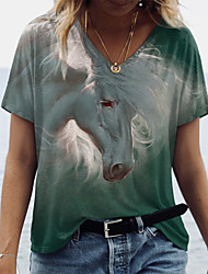 cheap -Women&#039;s Abstract Painting T shirt Animal Print V Neck Basic Tops Green Blue Red / 3D Print