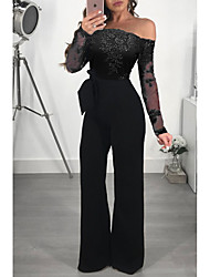 cheap -Jumpsuits Elegant Rompers Wedding Guest Formal Evening Dress Off Shoulder Long Sleeve Floor Length Lace with Lace Insert Pure Color 2022
