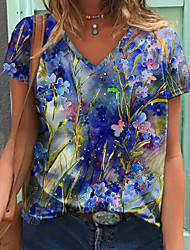 cheap -Women&#039;s Floral Theme Abstract Painting T shirt Floral Print V Neck Basic Tops Blue / 3D Print