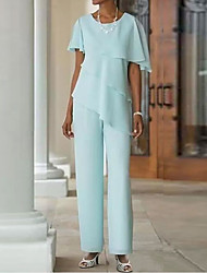 cheap -Two Piece Pantsuit / Jumpsuit Mother of the Bride Dress Plus Size Elegant Jewel Neck Floor Length Chiffon Short Sleeve with Cascading Ruffles 2022