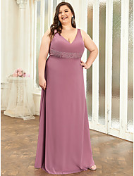cheap -A-Line Plus Size Formal Evening Dress V Neck Sleeveless Floor Length Chiffon with Pure Color 2022