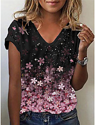 cheap -Women&#039;s Floral Theme T shirt Floral Plants Color Gradient V Neck Basic Tops Black / 3D Print