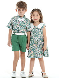 cheap -Sibling Suit Dresses Bottom Cardigan Floral Graphic Daily Bow Green Blue Light Green Short Sleeve Knee-length Active Matching Outfits