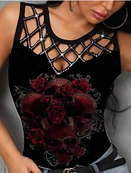 cheap -Women&#039;s Floral Tank Top Shirt Skull Flower Cut Out Print Round Neck Casual Tops Black Blue Purple / 3D Print