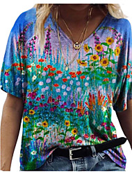 cheap -Women&#039;s Floral Theme Abstract Painting T shirt Floral Print V Neck Basic Tops Green Blue Light Green / 3D Print