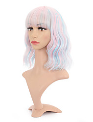 cheap -Natural Wavy Wig With Air Bangs Short Bob Piano Color Wigs Women&#039;s Shoulder Length Wigs Curly Wavy Synthetic Cosplay Wig Pastel Bob Wig for Girl Colorful Wigs(12Pink &amp; Sky Blue Mixed)