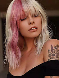 cheap -Highlight Pink Wigs With Air Bangs Natural Blonde Wave Wig Women&#039;s Shoulder Length Wigs Curly Wavy Synthetic Cosplay Bob Wig for Women(12Highlight Pink)