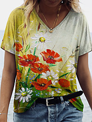 cheap -Women&#039;s Floral Theme Abstract Painting T shirt Floral Print V Neck Basic Tops Yellow / 3D Print