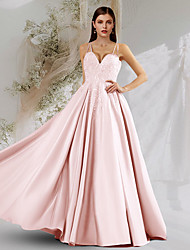 cheap -A-Line Sexy Princess Engagement Prom Dress V Neck Sleeveless Floor Length Satin with Pleats Lace Insert 2022