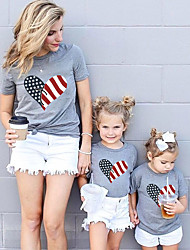 cheap -Family Look American National Day T shirt Tops Cotton Heart Flag Daily Print White Black Gray Short Sleeve Basic Matching Outfits / Summer / Casual