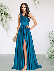 cheap -A-Line Bridesmaid Dress One Shoulder Sleeveless Elegant Sweep / Brush Train Charmeuse with Pleats / Split Front 2022