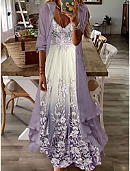 cheap -Women&#039;s A Line Dress Maxi long Dress Green Purple Long Sleeve Floral Color Gradient Ruched Print Fall Spring V Neck Elegant Casual Loose 2022 S M L XL XXL 3XL