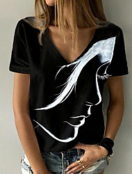cheap -Women&#039;s Abstract Portrait Painting T shirt Portrait Print V Neck Basic Tops Black / 3D Print