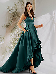 cheap -A-Line Minimalist Elegant Prom Formal Evening Dress V Neck Sleeveless Court Train Satin with Ruffles Pocket 2022
