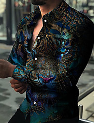 cheap -Men&#039;s Shirt 3D Print Tiger Animal Collar Casual Daily 3D Print Button-Down Long Sleeve Regular Fit Tops Casual Fashion Comfortable Green Blue Purple / Sports