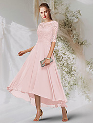 cheap -A-Line Empire Elegant Wedding Guest Formal Evening Dress Jewel Neck Long Sleeve Asymmetrical Chiffon with Beading Lace Insert 2022