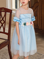 cheap -Kids Little Girls&#039; Dress Floral Tulle Dress Wedding Special Occasion Patchwork Blue Knee-length Short Sleeve Cute Dresses Summer Regular Fit 1 pc 3-10 Years