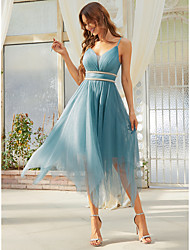 cheap -A-Line Flirty Cute Cocktail Party Dress V Neck Sleeveless Asymmetrical Tulle with Pearls Tier 2022