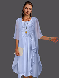 cheap -Two Piece A-Line Mother of the Bride Dress Elegant Wrap Included Scoop Neck Knee Length Chiffon Lace Sleeveless with Pleats Appliques 2022