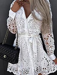 cheap -Women&#039;s A Line Dress Short Mini Dress White Black Brown Long Sleeve Pure Color Lace up Lace Spring Summer Shirt Collar Stylish Work Casual 2022 S M L XL XXL 3XL