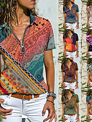 cheap -Women&#039;s Blouse T shirt Zipper Print Multi Color Tropical Shirt Collar T-shirt Sleeve Regular Spring &amp;  Fall Pattern 5 Pattern 7 Pattern 8