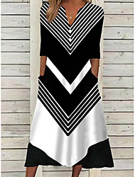 cheap -Women&#039;s A Line Dress Midi Dress Black and white stripes Half Sleeve Striped Color Block Print Spring Summer V Neck Stylish Casual 2022 S M L XL XXL 3XL / Loose