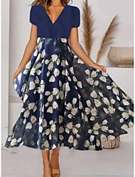 cheap -Women&#039;s A Line Dress Midi Dress Blue Short Sleeve Floral Ruched Print Spring Summer V Neck Casual Sexy 2022 S M L XL XXL 3XL