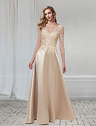 cheap -A-Line Elegant Wedding Guest Formal Evening Dress V Neck 3/4 Length Sleeve Floor Length Chiffon with Appliques 2022