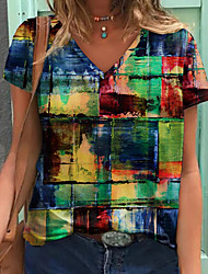 cheap -Women&#039;s Abstract Geometric Painting T shirt Geometric Print V Neck Basic Tops Green Blue Red / 3D Print