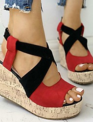cheap -Women&#039;s Sandals Wedge Heel Peep Toe Satin Buckle Fall Summer Solid Colored Green Purple Red