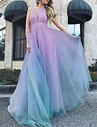 cheap -A-Line Ombre Fairy Prom Valentine&#039;s Day Dress Jewel Neck Sleeveless Floor Length Chiffon with Sleek Pleats 2022