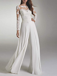 cheap -Jumpsuits Wedding Dresses Jewel Neck Floor Length Chiffon Lace Long Sleeve Simple with Appliques 2022