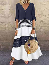 cheap -Women&#039;s A Line Dress Maxi long Dress Black Brown Navy Blue Half Sleeve Striped Button Print Spring Summer V Neck Casual Modern 2022 S M L XL XXL 3XL 4XL 5XL