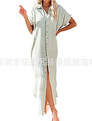cheap -Women&#039;s Spring And Summer New Beach Skirt Mid-length Blue Green White Pink Khaki V-neck Single-breasted Cardigan Beach Dress 2022 S M L XL XXL