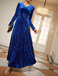 cheap -Women&#039;s A Line Dress Maxi long Dress Royal Blue Long Sleeve Pure Color Chiffon Spring Summer V Neck Elegant &amp; Luxurious Elegant Formal Puff Sleeve Mesh S M L XL