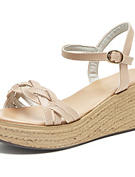 cheap -Women&#039;s Sandals Wedge Sandals Wedge Heels Espadrilles Buckle Platform Wedge Heel Open Toe Casual Minimalism Sweet Daily Work Leather Ankle Strap Spring Summer Solid Colored Almond Beige