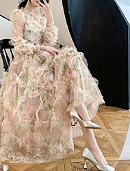 cheap -A-Line Floral Engagement Prom Dress Jewel Neck Long Sleeve Ankle Length Tulle with Embroidery Pattern / Print 2022