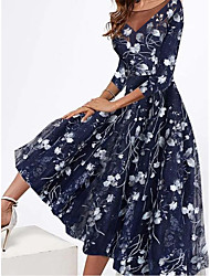 cheap -Women&#039;s A Line Dress Midi Dress Black Dusty Blue 3/4 Length Sleeve Floral Ruched Print Spring Summer Crew Neck Elegant Casual Vintage 2022 S M L XL XXL 3XL