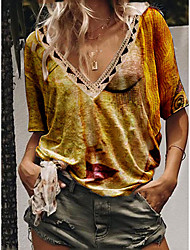cheap -Women&#039;s Abstract Portrait Painting T shirt Portrait Print V Neck Basic Tops Yellow / 3D Print