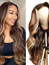 cheap -Remy Human Hair Highlight Lace Front Wig 150% Density 4X4 Lace Wig Body Wave  Brazilian Hair Pre Plucked with Baby Hair Piano Color P4/27# 12-28 Inch