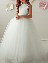 cheap -Princess Floor Length Flower Girl Dresses Party Tulle Sleeveless Jewel Neck with Pleats 2022