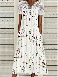 cheap -Women&#039;s A Line Dress Midi Dress White Short Sleeve Floral Print Lace Print Spring Summer V Neck Stylish Casual 2022 S M L XL XXL 3XL / Loose