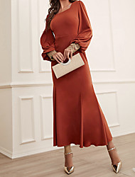 cheap -Women&#039;s A Line Dress Maxi long Dress Red Long Sleeve Solid Color Chiffon Spring Summer cold shoulder Elegant &amp; Luxurious Elegant Puff Sleeve Mesh S M L XL