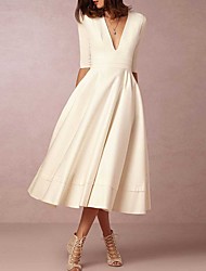 cheap -A-Line Wedding Dresses V Neck Tea Length Satin Half Sleeve Simple Casual Vintage Little White Dress 1950s with 2022