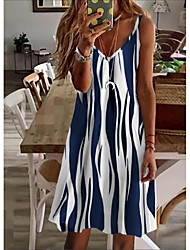 cheap -Women&#039;s Strap Dress Knee Length Dress Black Blue Sleeveless Striped Color Block Abstract Print Spring Summer V Neck Stylish Casual Romantic Party 2022 S M L XL XXL 3XL / 3D Print