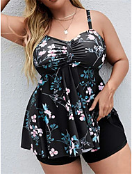 cheap -Women&#039;s Swimwear Tankini 2 Piece Plus Size Swimsuit 2 Piece Open Back Printing for Big Busts Floral Black Orange Camisole Padded V Wire Bathing Suits New Stylish Vacation / Modern / Strap / Strap