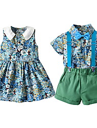 cheap -Sibling Suit Dresses T shirt Bottom Floral Graphic Daily Bow Green Blue Purple Short Sleeve Knee-length Tank Dress Active Matching Outfits