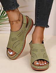 cheap -Women&#039;s Sandals Wedge Heel Round Toe Casual Daily Walking Shoes PU Leather Ankle Strap Spring Summer Green Black Khaki