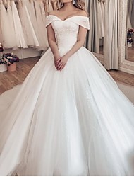 cheap -Ball Gown Wedding Dresses Off Shoulder Court Train Tulle Short Sleeve Formal Sexy Luxurious Sparkle &amp; Shine with Pleats Sequin 2022