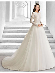 cheap -Princess Ball Gown Wedding Dresses Jewel Neck Court Train Lace Tulle Long Sleeve Formal Luxurious with Appliques 2022